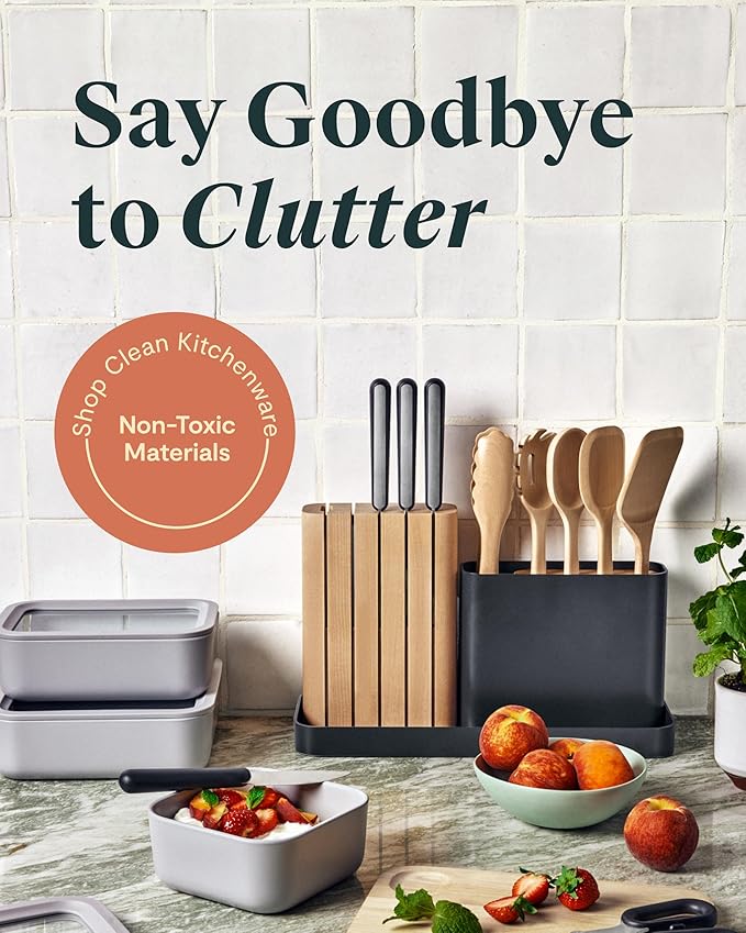 Caraway 14-Piece Kitchen Prep Set - Kitchen Knife Set & Wooden Utensil Set - Made With Premium German Steel Blades & FSC-Certified Birch Wood - Non-Toxic Materials - Includes Organizer - Navy