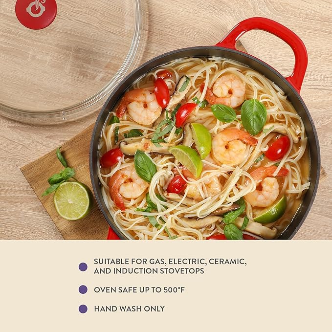 Crock Pot Artisan 7-Quart Round Enameled Cast Iron Dutch Oven With Borosilicate Glass Lid, Heavy-Duty Cookware for Baking, Roasting & Slow Cooking, Red