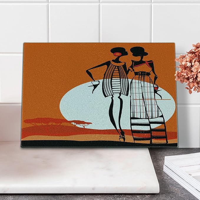 Ambesonne African Cutting Board, Desert Sunset Scenery Women with Trees Picture, Decorative Tempered Glass Cutting and Serving Board, Small Size, White Orange Black