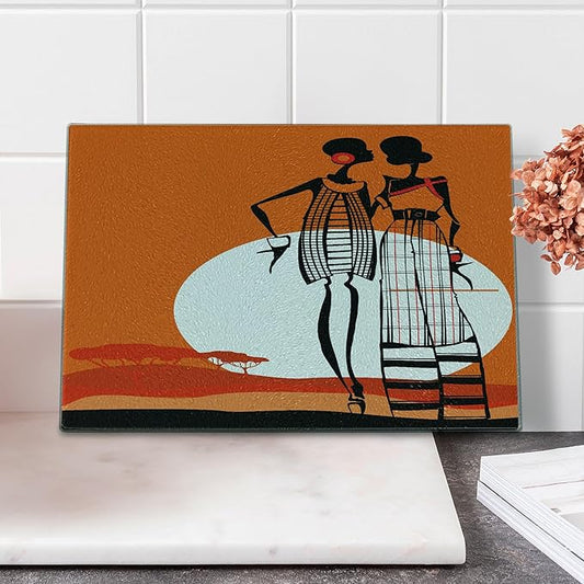 Ambesonne African Cutting Board, Desert Sunset Scenery Women with Trees Picture, Decorative Tempered Glass Cutting and Serving Board, Small Size, White Orange Black