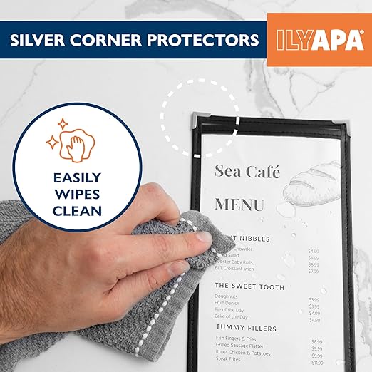 Ilyapa 30 Pack of Menu Covers 4.25 x 11 - Single Page, 2 View, Restaurant Menu Covers, 4.25x11 Clear Plastic Sleeves, Transparent Viewing Surfaces