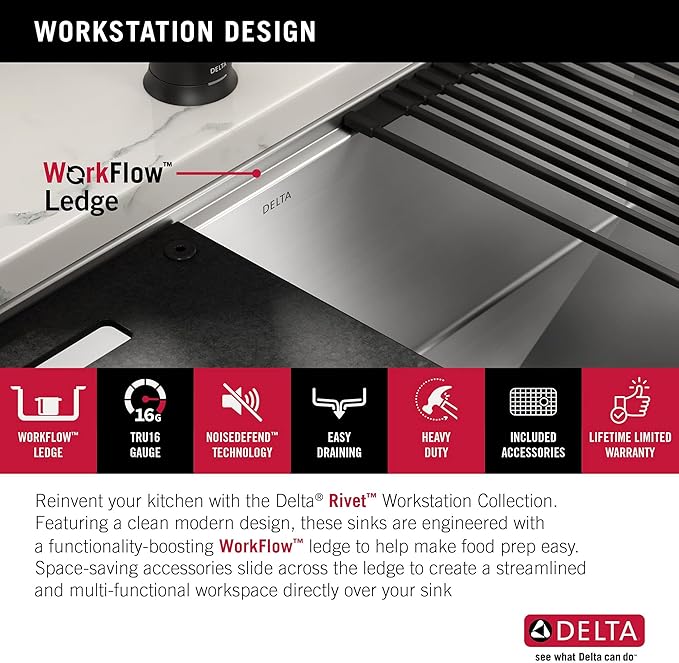 DELTA FAUCET Rivet 33-Inch Workstation Kitchen Sink Undermount 16 Gauge Stainless Steel 50/50 Double Bowl with WorkFlow Ledge and Chef’s Kit of 9 Accessories, 95B931-33D-SS