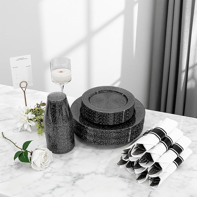 DaYammi 350 Pieces Black Glitter Dinnerware Set 50 Guest for Party- 50 Dinner Plates, 50 Dessert Plates -50 Per Rolled Napkins with Black Cutlery - 50 Disposable Cups 9 OZ