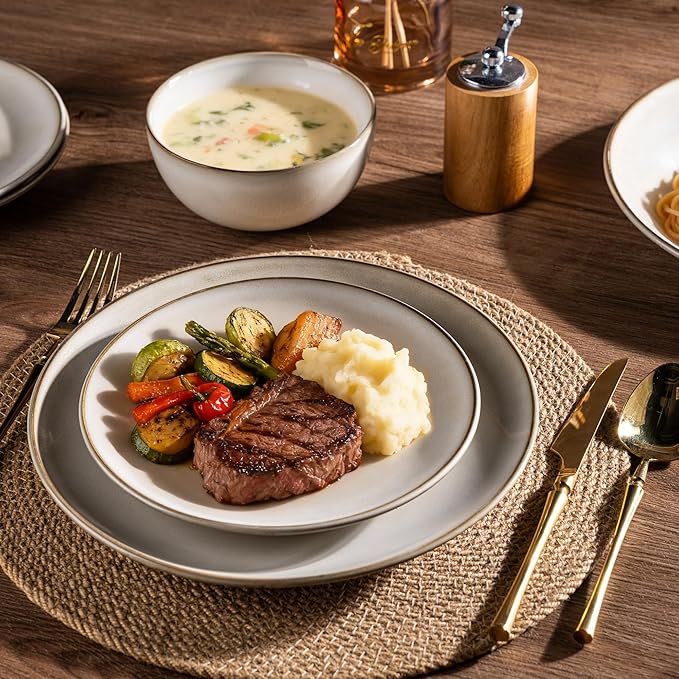 AmorArc Stoneware Dinnerware Sets for 8, 24 Pieces Handpainted Ceramic Plates and Bowls Set, Scratch Resistant Dishes Set, Dishwasher & Microwave Safe, Cappuccino