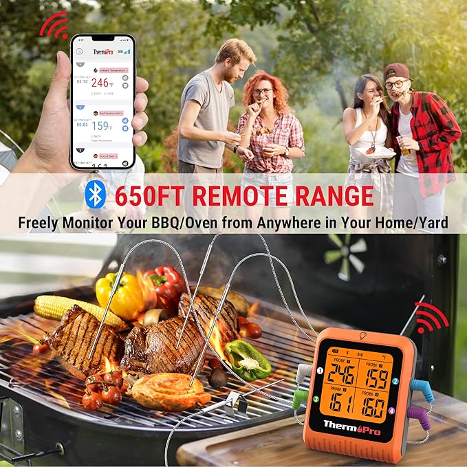 ThermoPro 650 ft Bluetooth Meat Thermometer with 4 Color-Coded Probes, Wireless Meat Thermometer Digital Wireless with Timer, Commercial Cooking Tools & Utensils Rechargeable for Smoker Oven