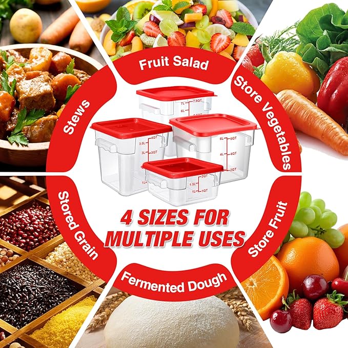 Airtight Square Food Storage Containers with Lids 4-Pack, Lock-Tight Seal for Flour, Sugar, Cereal, Keep Food Fresh, BPA-Free Stackable Kitchen Canisters with Measurements (Red, 6QT-4PACK)