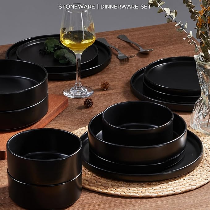 Onader 24 Piece Stoneware Dinnerware Sets with Pasta Bowls, Kitchen Dinner Dishes Set for 6, Plates and Bowls Dishware Dining Ware - Ebony Black