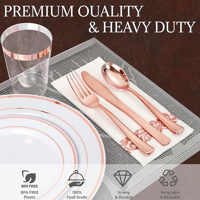 Supernal 200pcs Rose Gold Plastic Dinnerware included Disposable Flatware& Plastic Party Plates Disaposable Cups and Napkins,Perfect for Party,Birthday and Wedding