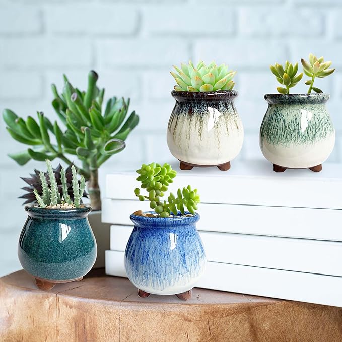 3 inch Glaze Handcraft Ceramic Pot Set, Tiny Cactus Planter with Drainage, Mini Cactus Pots Desk Shelf Decor, Cute Set of 4 Succulent Planter Pots