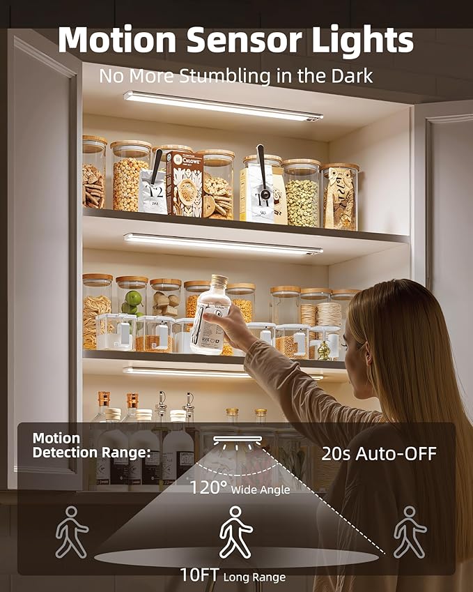 EZVALO Under Cabinet Lights,14.5'' Motion Sensor Light Indoor Dimmable, Super Bright 4000mAh Rechargeable Closet Lights 5700K with Remote Control, Wireless Under Counter Light for Kitchen,Cabinet