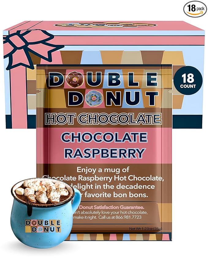 Double Donut Raspberry Hot Chocolate, Flavored Hot Chocolate Packets, Hot Cocoa Mix, 18 Count