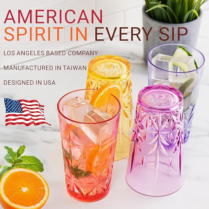Royal Plastic Drinking Tumbler, Premium Quality Water Glasses, Dishwasher-Safe BPA-Free Durable Mixed Colors Assorted Stackable Cups, 18 oz Set of 6