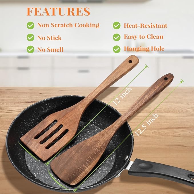 3Pcs Wooden Spatulas, Acacia Wood 12inch Long Handle Flat Frying Turner, Non-Stick Wooden Spoons for Cooking, Kitchen Utensils Set for Flipping, Scraping and Turning