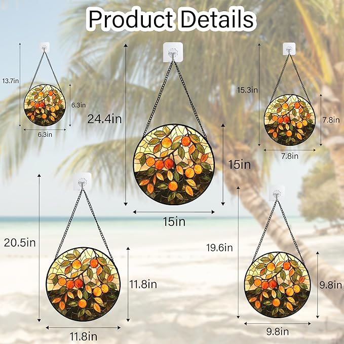 Stained Glass Suncatcher, Orange Green Fruit Tree Sun Catcher Landscape Stain Glass Window Hanging Decoration Mother's Day Birthday Gifts for Women Men Mom Nana 6.3 in