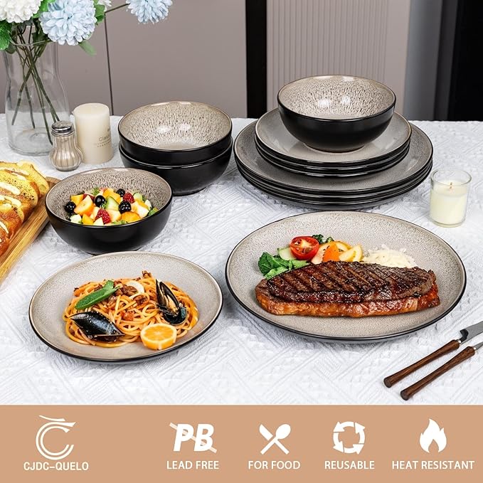 Plates and Bowls Sets for 4 - CJDC-QUELO 16-Piece Stoneware Dinnerware Sets, Ceramic Dishware Set for Kitchen Use and Formal Dining, Chip and Scratch Resistant Microwave Dishwasher Safe, Brown