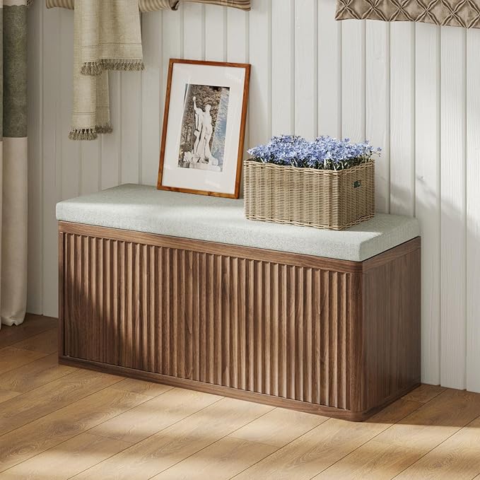 Entryway Shoe Storage Bench with 2" Cushion, 37.4" Small Bench with Shoe Rack, Cabinet Organizer for Hallway，Bedroom End of Bed,Walnut