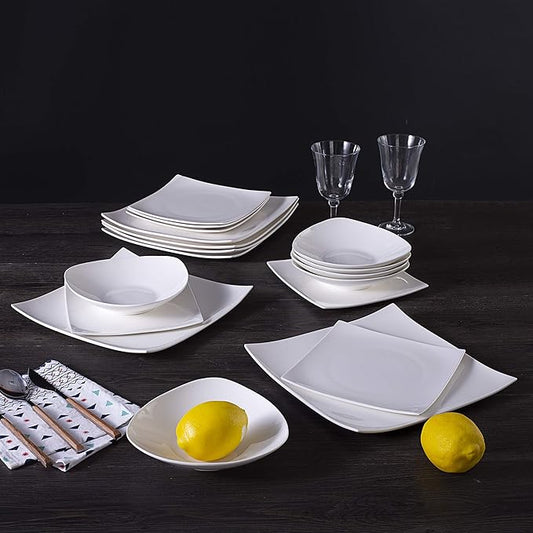 Bone China Square Shape, Elegance White 18pc Dinnerware Set
