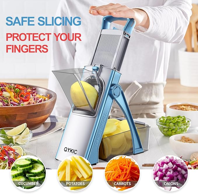 Upgrade Safe Mandoline Slicer for Kitchen, Vegetable Chopper Food Cutter, Potato Slicer Thickness Adjuster, French Fry Cutter, Veggie Dicer Faster With Spiralizerfor Meal Prep Blue