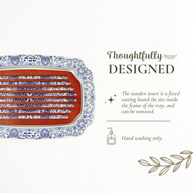 Spode Judaica Collection Challah Tray with Wood Insert - 17.5 Inch Blue & White Porcelain Shabbat Serving Piece, Traditional Judaic Tile Design, Removable Cutting Board Frame