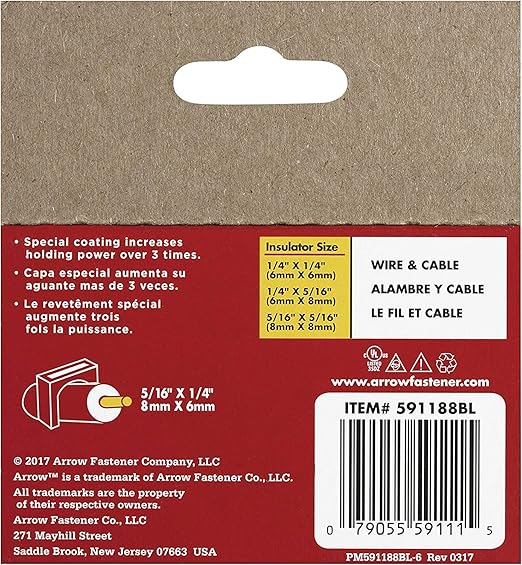 Arrow 591188 Genuine T59 Steel 1/4-Inch by 5/16 Crown Width Insulated Staples for Cable and Wiring, Black, 300 Count