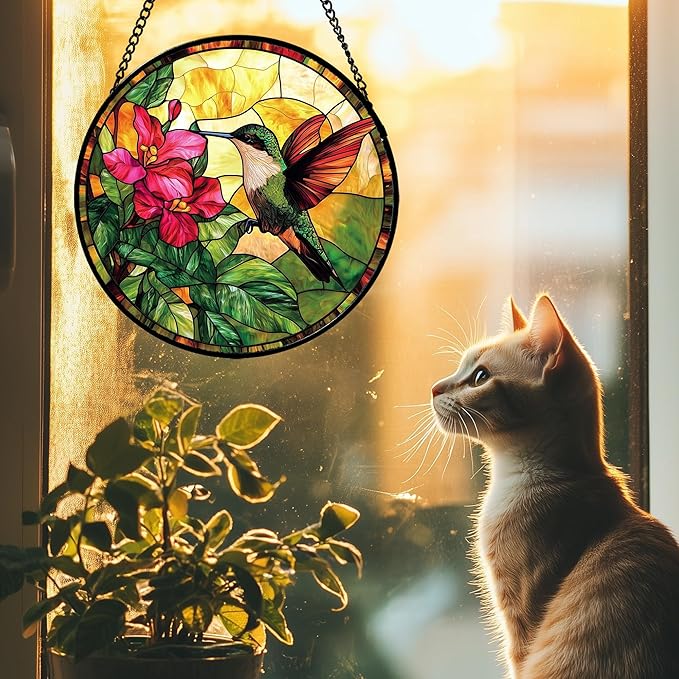 Stained Glass Suncatcher, Hummingbird Red Flowers Green Leaves Sun Catcher Stain Glass Window Hanging Decoration Mother's Day Birthday Gifts for Bird Lover Women Men Mom Nana 9.8 in