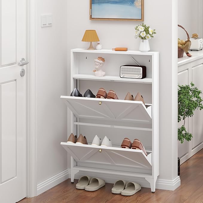 Shoe Cabinet with 2 Flip Drawers, Narrow Shoe Storage Cabinet, Farmhouse Shoe Organizer, Freestanding Organizer with Metal Legs for Entryway, Foyer (2 Door, White)