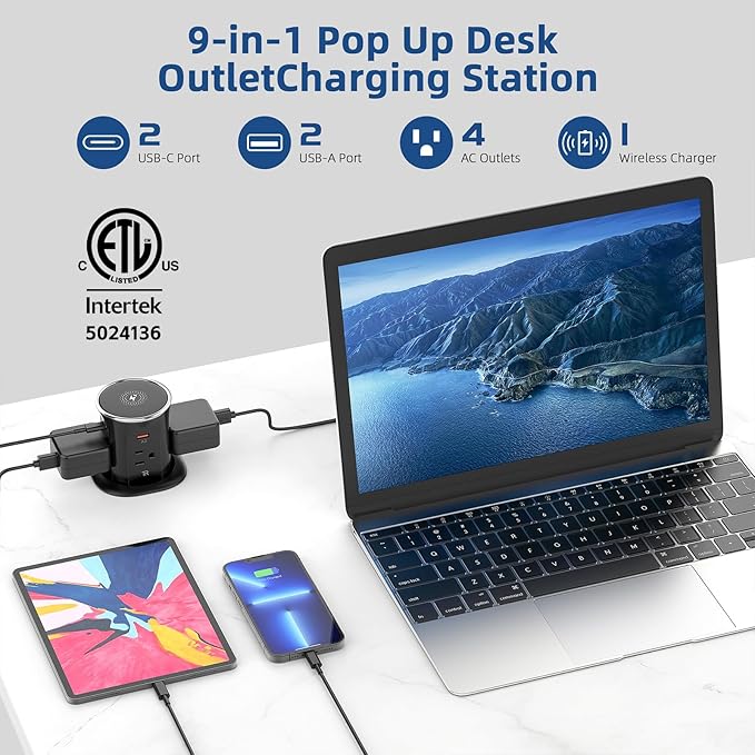Jgstkcity Pop Up Countertop Outlet with 15W Wireless Charger,20W USB C Ports,Flush Mount Tamper Resistant,Recessed Grommet Receptacle,4 USB 4 Outlets,15A,1875W,ETL Listed,3.15in Hole,Black
