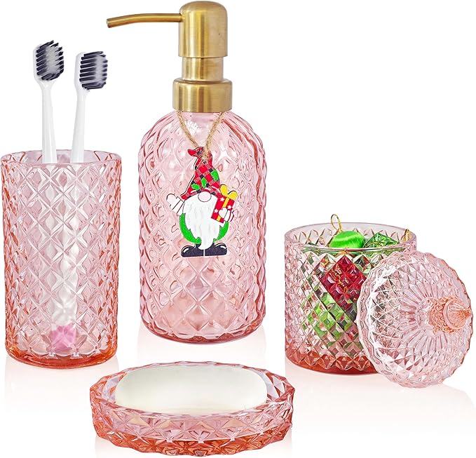 Pink Bathroom Accessories Set, 4Pcs Clear Glass Bathroom Sets Accessories, Lotion Soap Dispenser, Toothbrush Holder Set, Soap Dish, Qtip Holder for Vintage Christmas Bath Decor, Gift Set
