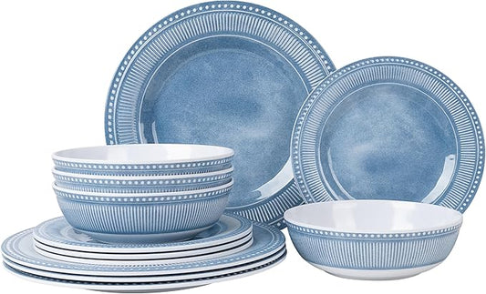 AELS Melamine Dinnerware Set of 12 Pcs, Dinner Dishes Set for Indoor and Outdoor Use, Melamine Plates and Bowls Set for 4, Dishwasher Safe, Lightweight Unbreakable, BPA Free, Soft Blue