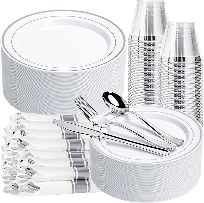 350PCS Silver Plastic Plates Dinnerware Set, Thanksgiving Disposable Plates, 50 Dinner and 50 Dessert Plates, 50 Pre Rolled Napkins with Silverware and 50 Cups for Party and Wedding