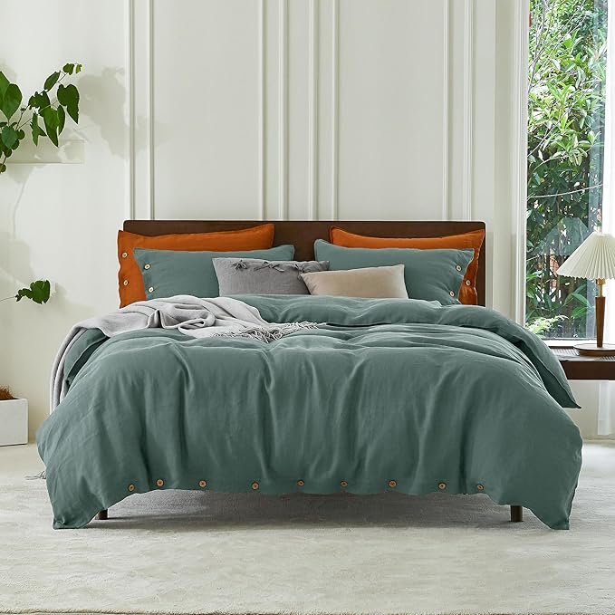 EVERLY 100% Pure Linen Duvet Cover Set Queen Size90X90Inch 3pcs (1 Duvet Cover,2 Pillowcases) Soft and Breathable for All Season with Coconut Button Closure, Suitable for Hot Sleepers-Aqua-Queen