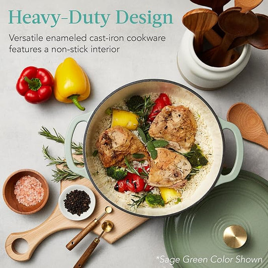 Best Choice Products 6 Quart Enamel Cast-Iron Round Dutch Oven, Family Style Heavy-Duty Pre-Seasoned Cookware for Home, Kitchen, Dining Room, Oven Safe w/Lid, Dual Handles - Deep Olive Green