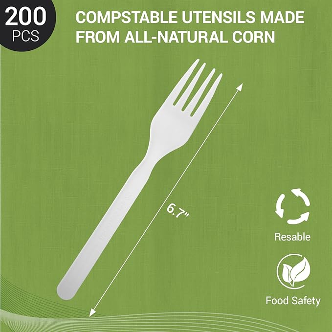 100% Compostable Froks [200Pcs] Heavy Duty Biodegradable Forks Disposable Utensils, BPA-Free, Heat Resistant, BPI Certified Disposable Forks, Eco Friendly Cutlery for Party, Office & Picnic
