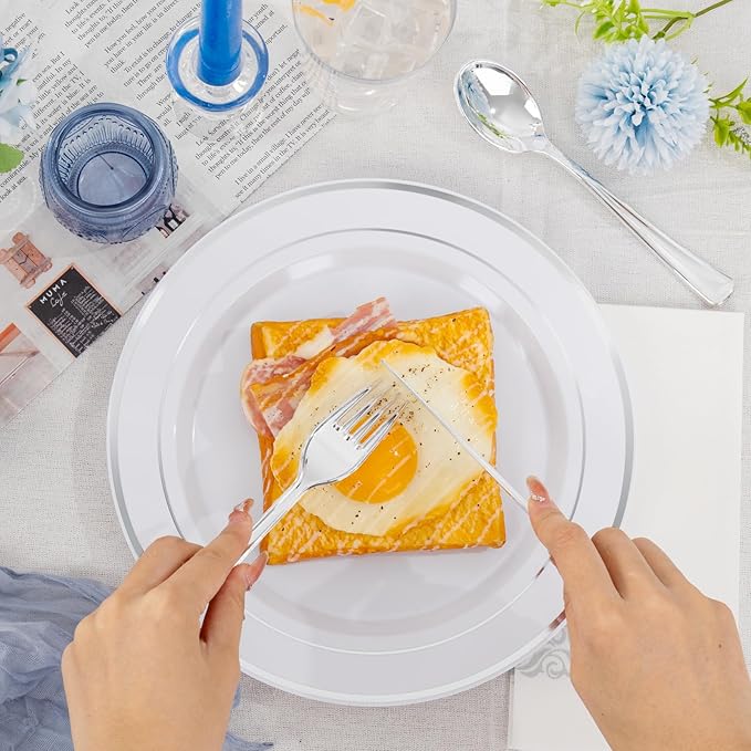 Supernal 800Pcs Silver Plastic Plates,Silver Plastic Dinnerware Set,Disposable Silvery Plates Include 100 Dinner Plate,100 Salad Plate,100 Spoons,200 Forks,100 Knives,100 Cups,100 Napkins for Party