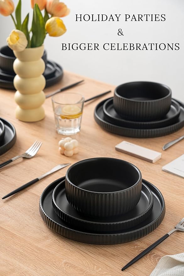 24 Piece Dinnerware Set,Bold Black Dish Set with Plates and Bowls for 8 – Premium Ceramic Tableware for Hosting & Large Gatherings