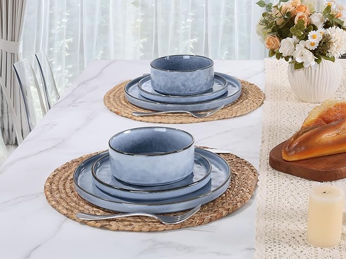 LIANYU Dinnerware Sets for 4, 12 Piece Stoneware Dinner Plates and Bowls Dish Set, Kitchen Dining Speckled Tableware Dishware, Microwave & Dishwasher Safe, Polar White & Serenity Blue