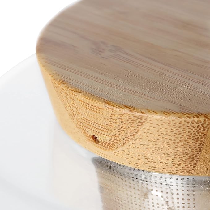Viva Infusion Borosilicate Glass Tea Pot for Stovetop with Loose Leaf Tea Infuser Mesh - 34 ounce/1 Liter - Modern Teapot Features Bamboo Wood Lid, Tea Maker for Blooming