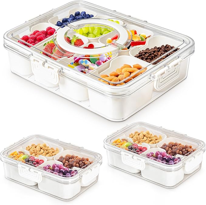 Snackle Box Container (3-Pack) Snack Box Container with Lid | Divided Serving Tray with Lid | Large & Small Airtight Snack Tray, Veggie Tray, Snacklebox for Travel, Snacks, Fruits & More