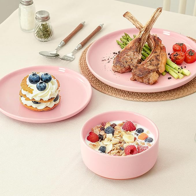 24 Piece Dinnerware Sets for 8, Dual Glaze Stoneware Plates and Bowls Set, Microwave and Dishwasher Safe, Pink