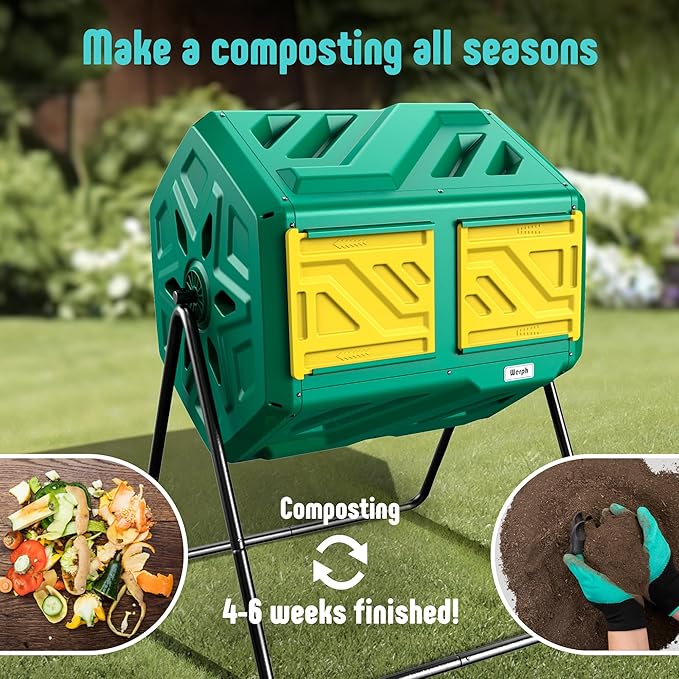 43 Gallon Compost Bin with Gloves, Fast Assembly & Easy Setup Outdoor Compost Tumbler, Updated Dual Chamber Tumbling Composter for for Garden, Kitchen, and Yard Waste, Green