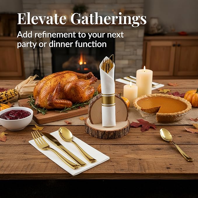 Prestee 400 Piece Pre Rolled Gold Plastic Silverware Set for 100 Guests - Disposable Silverware Set with Napkins for Weddings and Events - Wrapped Forks, Spoons and Knives with Elegant Gold Finish