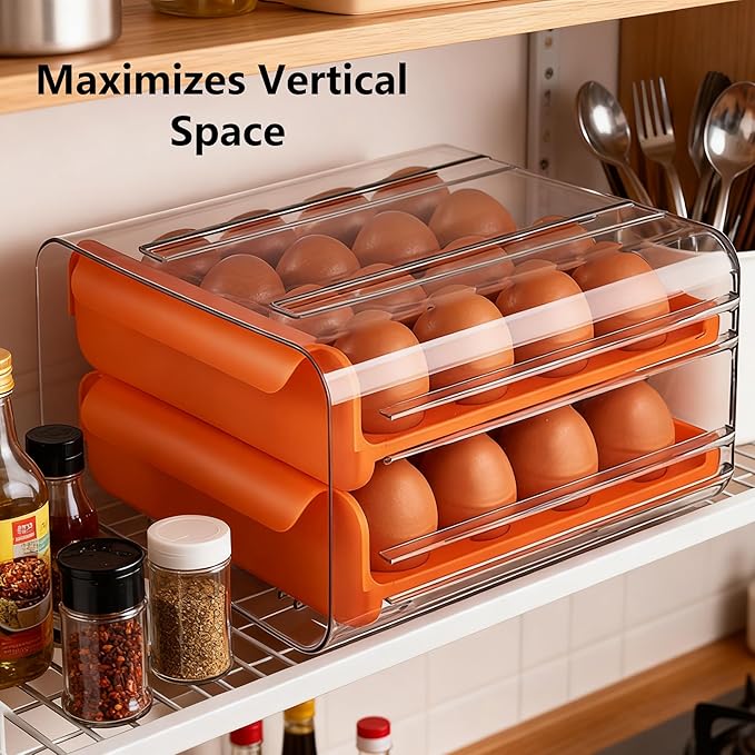 Egg Drawer for Refrigerator 32 Eggs, 2 Tier Clear Stackable Egg Holder with Drawer for Fridge, Drawer Type Egg Storage Box, Egg Tray Countertop (Orange)