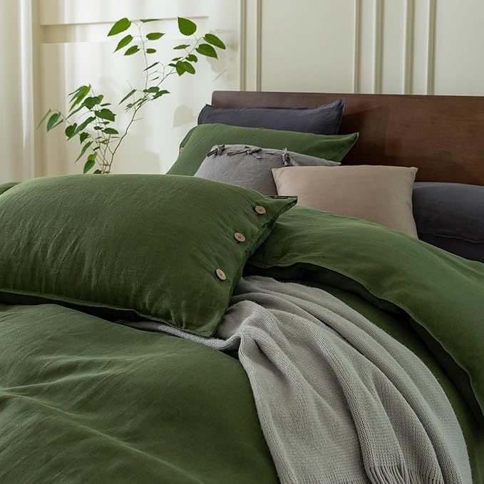 EVERLY 100% Pure Linen Duvet Cover Set Oversized King Size 120X98Inch 3pcs (1 Duvet Cover,2 Pillowcases) Soft and Breathable with Coconut Button Closure,Suitable for Hot Sleepers-Mossy Green