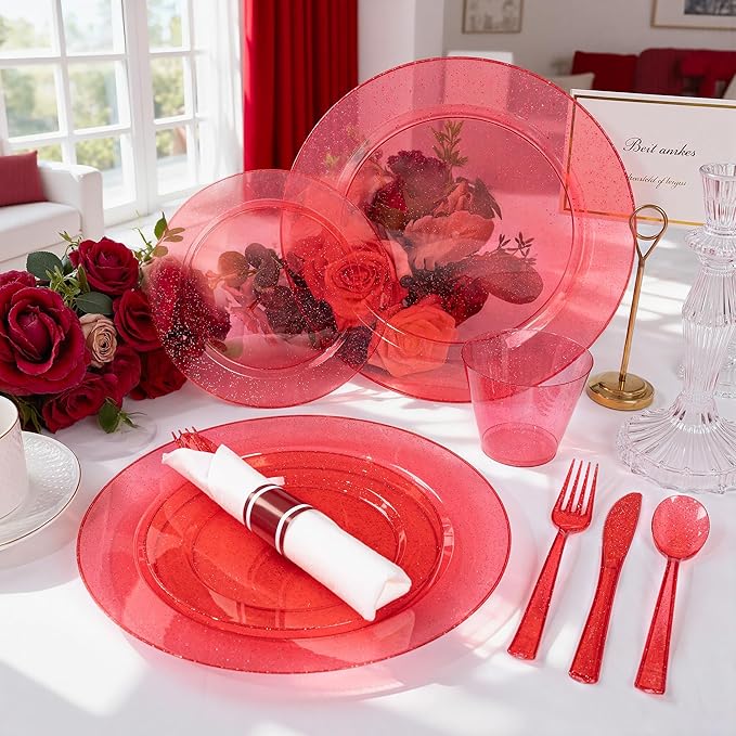 DaYammi 350 Pieces Red Glitter Dinnerware Set 50 Guest for Christmas Party- 50 Dinner Plates, 50 Dessert Plates -50 Per Rolled Napkins with Red Cutlery - 50 Disposable Cups 9 OZ