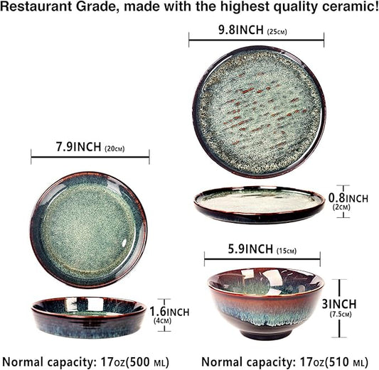 Dinner Set 12 Pieces - Round Reactive Glaze Tableware - Kitchen Dinnerware Porcelain Crockery with Dinner Plate, Bowl and Soup Plate Service for 4, Microwave Dishwasher Safe, Set (No.4)