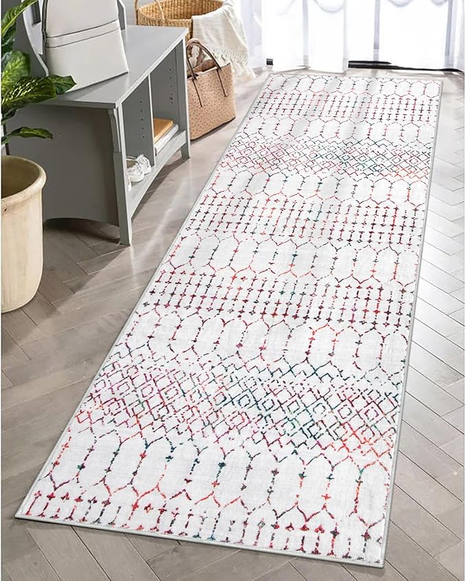 Lahome Moroccan Washable Runner Rug 2x6 - Non-Slip Anti-Fatigue Kitchen Rugs and Runners Throw Soft Long Bathroom Runner, Geometric Print Distressed Floor Runners for Entryway Laundry Room Foyer