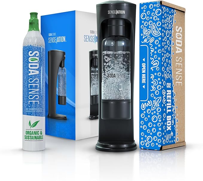 SENSEation Soda Machine Kitchen Gadgets, New Home Essentials - Sparkling Water Maker Set With 1 Threaded CO2 Cartridge & Reusable Carbonation Bottle