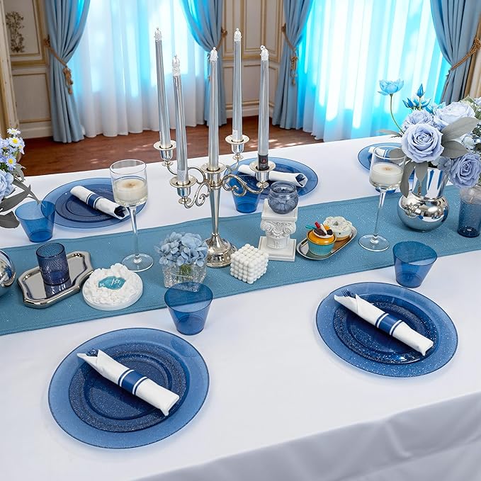 DaYammi 210PCS Cobalt Blue Glitter Plastic Dinnerware Set for 30 Guests, Fancy Disposable Plates for Party, Include: 30 Dinner Plates, 30 Dessert Plates, 30 Pre Rolled Napkins with Silverware, 30 Cups