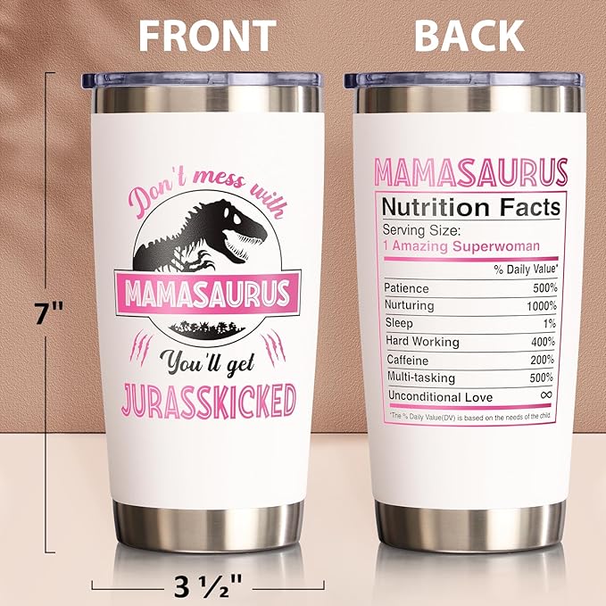 Gifts for Mom, Christmas Gifts from Daughter Son, 20 OZ Tumbler Best Birthday Gifts for Mama Mother-in-Law Wife Mother to Be, Mamasaurus Insulated Cup with Handle New Mom Gift for Wife from Husband