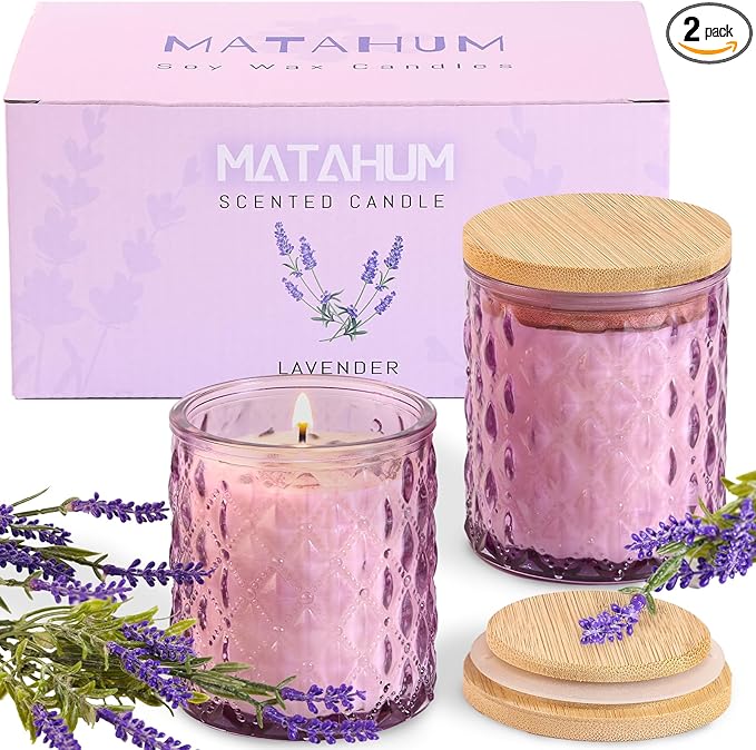 2 Pack Lavender Scented Candles for Home Decor, 6.5oz Natural Soy Wax Aromatherapy Jar Candles, Housewarming Gift for Women